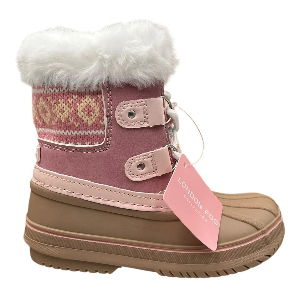 London Fog Toddler Girls Mid-Calf Snow Boots Size 9 Pink-Tan Faux Fur Waterproof